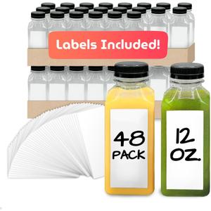 Reli. Plastic Juice Bottles [48 Pack, 12 oz] Square Bottles with Caps & Sticker Labels | Clear, BPA-Free, Disposable & Reusable Containers for Juicing, Smoothies