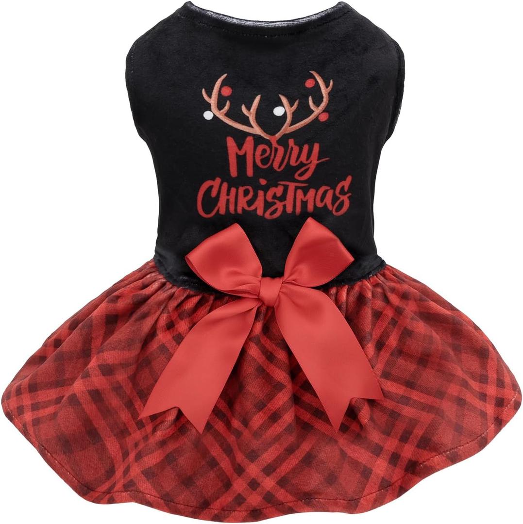 CuteBone Christmas Dog Dresses Velvet Holiday Small Dogs Clothes Onesie Pet Apparel Girl Puppy Skirt with Bow Hair Rope, Medium