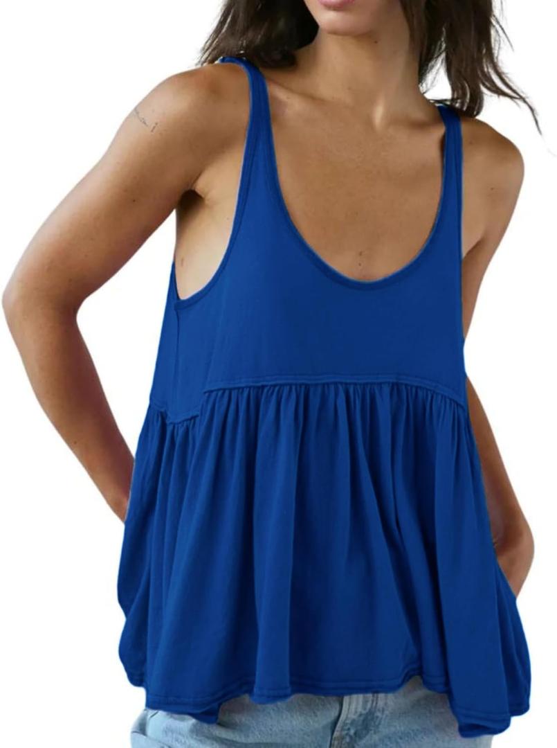 InterNos Women's Summer Flowy Tank Tops Sleeveless Strap Ruffle Shirts Babydoll Tunic Tank Peplum Tops (Blue, S)