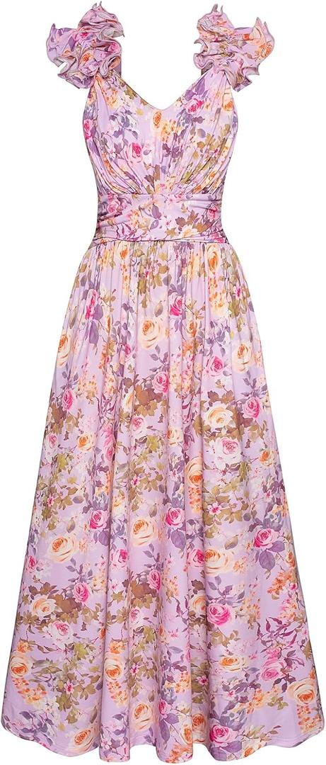 GRACE KARIN 2025 Women's Summer Floral Print Dress Sleeveless Casual Flowy Sundress A Line Ruffle Wedding Guest Outfit, Small