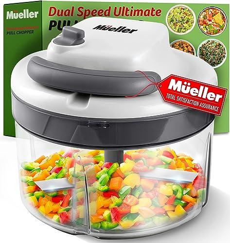 Mueller Strongest-and-Heaviest Duty 2 Speed Pull Chopper Vegetable Cutter for Nuts, Garlic and More, Manual Food Processor - Vegetable Slicer and Dicer, 40.5oz No BPA Bowl, Grey