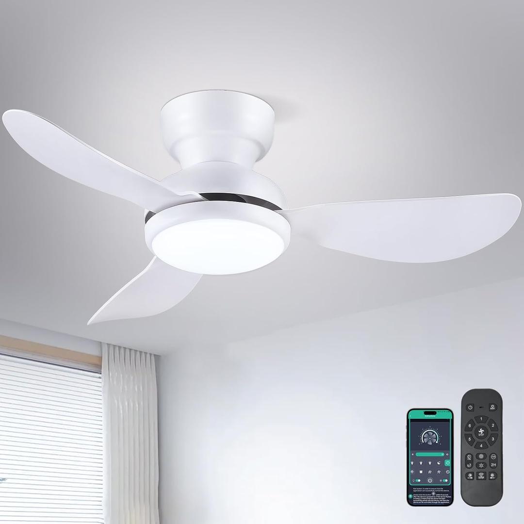 Kviflon 36 Inch Ceiling Fans with Lights, Small Flush Mount Ceiling Fan, Remote/APP Control, 3 Reversible Curved Blades, 6 Speeds, 3 CCT Dimmable Lights for Bedroom Kids Room, White