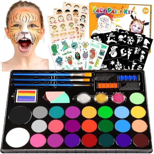 Face Painting Kit for Kids, 24 Colors Water Based Non-Toxic Face Paint with Stencils & Brushes, Professional Body Makeup Set with Guide Book, Washable Face & Body Paint for Halloween Birthday Parties