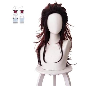 Adecors Tanjiro Cosplay Wig Female Long for Demon Slayer Kimetsu No Yaiba Wig with Earrings Markings for Anime Cosplay, rose