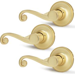 Satin Brass Door Knobs 3 Pack, Interior Dummy Door Handles for Left Side Door, Wave Door Levers for Closet/Pantry, Gold Door Knobs Without Key or Lock