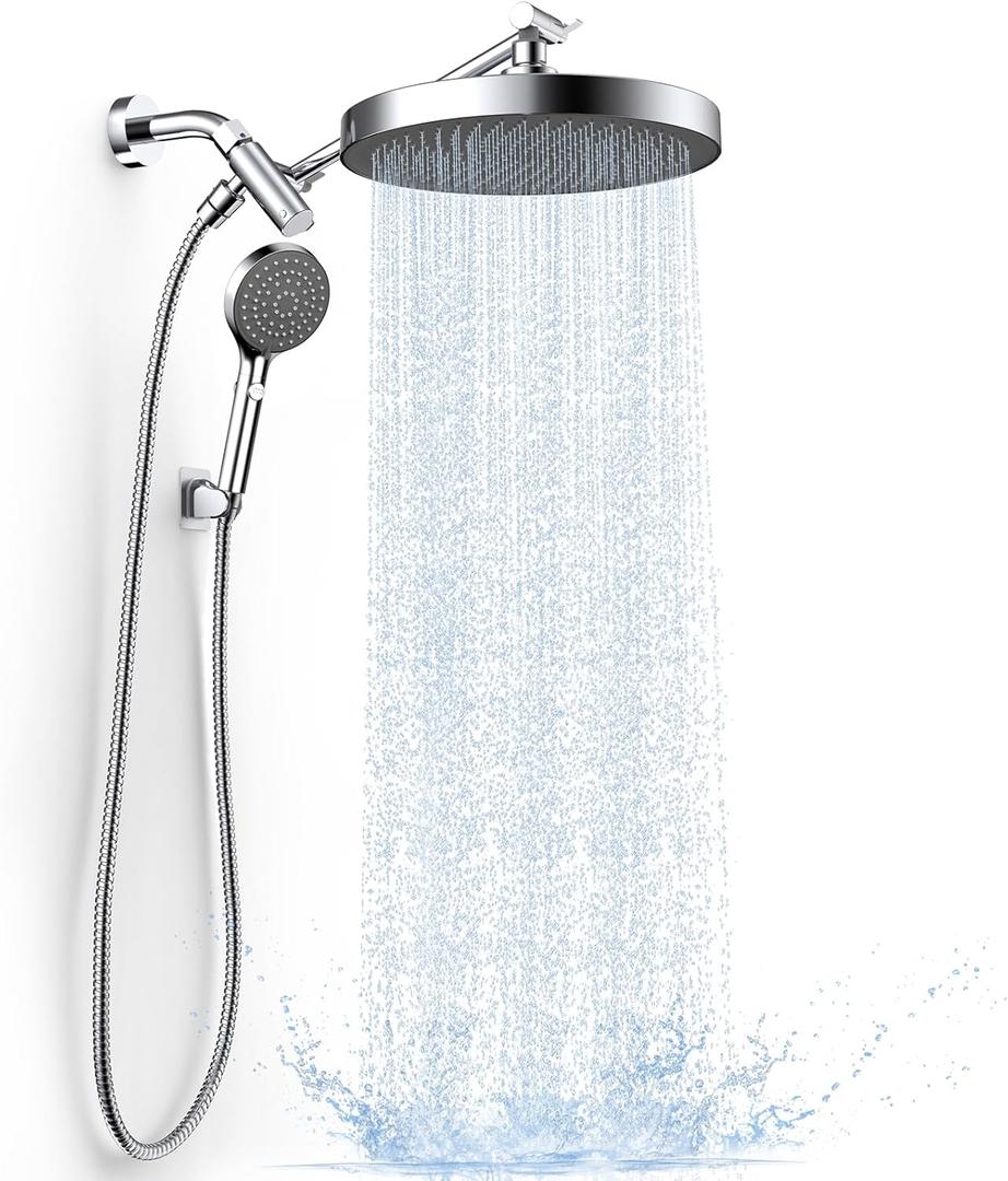 FASDUNT High Pressure Rain Shower Head with Handheld Spray Combo, 10" Rainfall Shower Head with Adjustable Integrated Extension Arm, Detachable Dual Shower Heads with 80" Long Stainless Steel Hose (Premium Chrome)