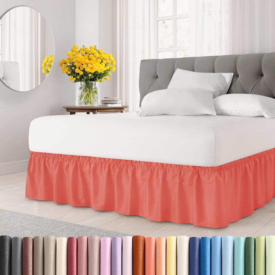 Wrap Around Dust Ruffle Bed Skirt - Coral - for Queen Size Beds with 18 Inch Drop - Easy Fit Elastic Strap - Adjustable Pleated Bedskirt w/Brushed Fabric - Wrinkle Free - for Women, Men, Kids & Teens