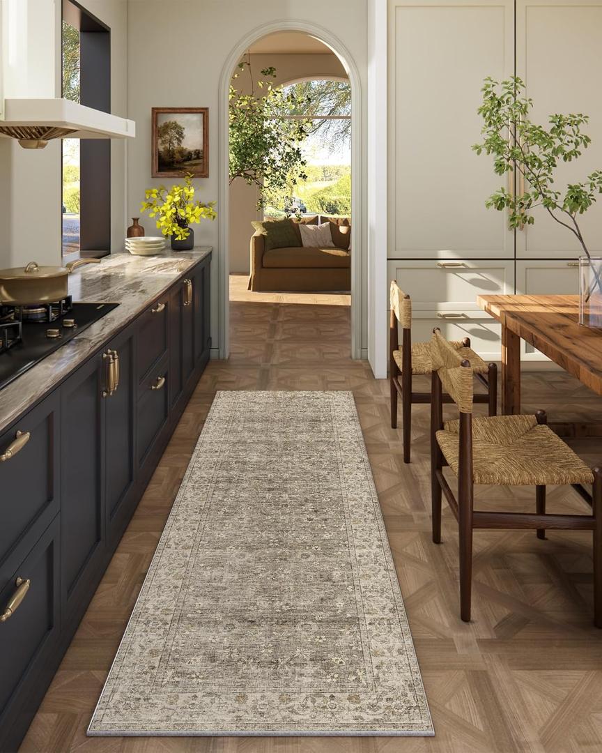 Washable Kitchen Rug Runners for Hallways: 2'x6' Bedroom Runner Rug Non Slip Low-Pile Stain Resistant Soft Indoor Floor Carpet Runner for Indoor Entryway Hallways Kitchen Laundry Room Farmhouse (Brown and Grey)