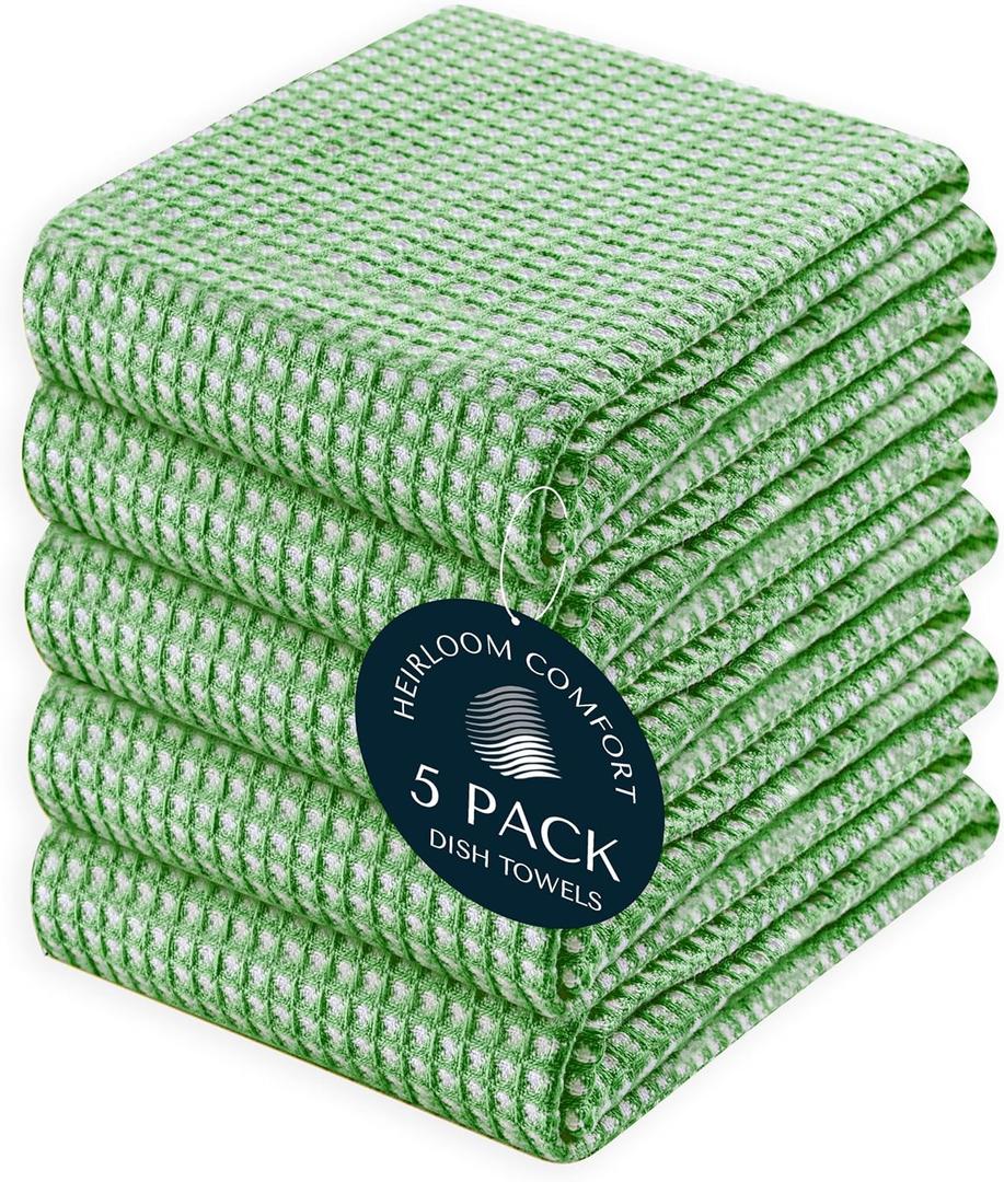 5 Pack 100% Cotton Dual Tone Waffle Weave Kitchen Towels, 16x26 Inch, Super Absorbent, Fast Dry Dishcloth Set, Soft Hand Towels for Cleaning, Durable, Mint Green