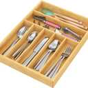 BAMEOS Bamboo Silverware Drawer Organizers, 11.9 inch Utensil Drawer Organizer for Kitchen Drawers, 7 Slots Total Large Flatware Organizer for Knives Cutlery Spoons Forks (Natural) (2''H 16x12)