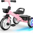 Umatoll Tricycle for Toddlers 2-5 Year Old, Ajustable Toddler Bike Outdoor Toys, Birthday Gift for Girl Age 2-4, Trike with Light up Wheels (Pink)