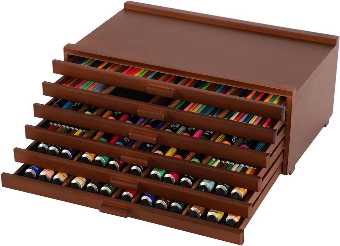 VISWIN 6-Drawer Art Supply Storage Organizer, Beech Wood Artist Storage Box with Removable Dividers, Portable Art Box for Paints, Brushes, Pencils, Pens, Pastels - Walnut