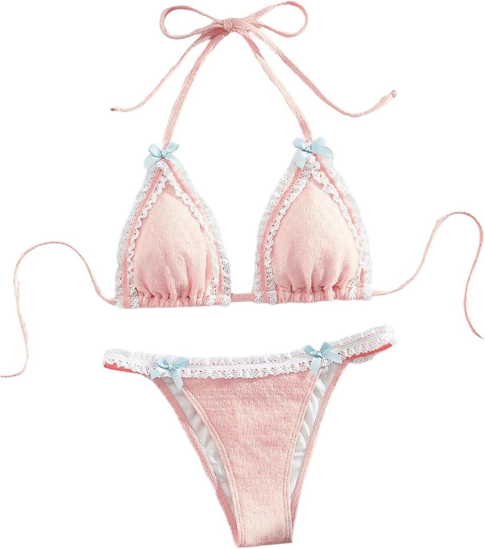 Milumia Women's Lace Trim Bow Tie Bikini Set Triangle Halter Cheeky 2 Piece Swimsuit (Pink, Small)