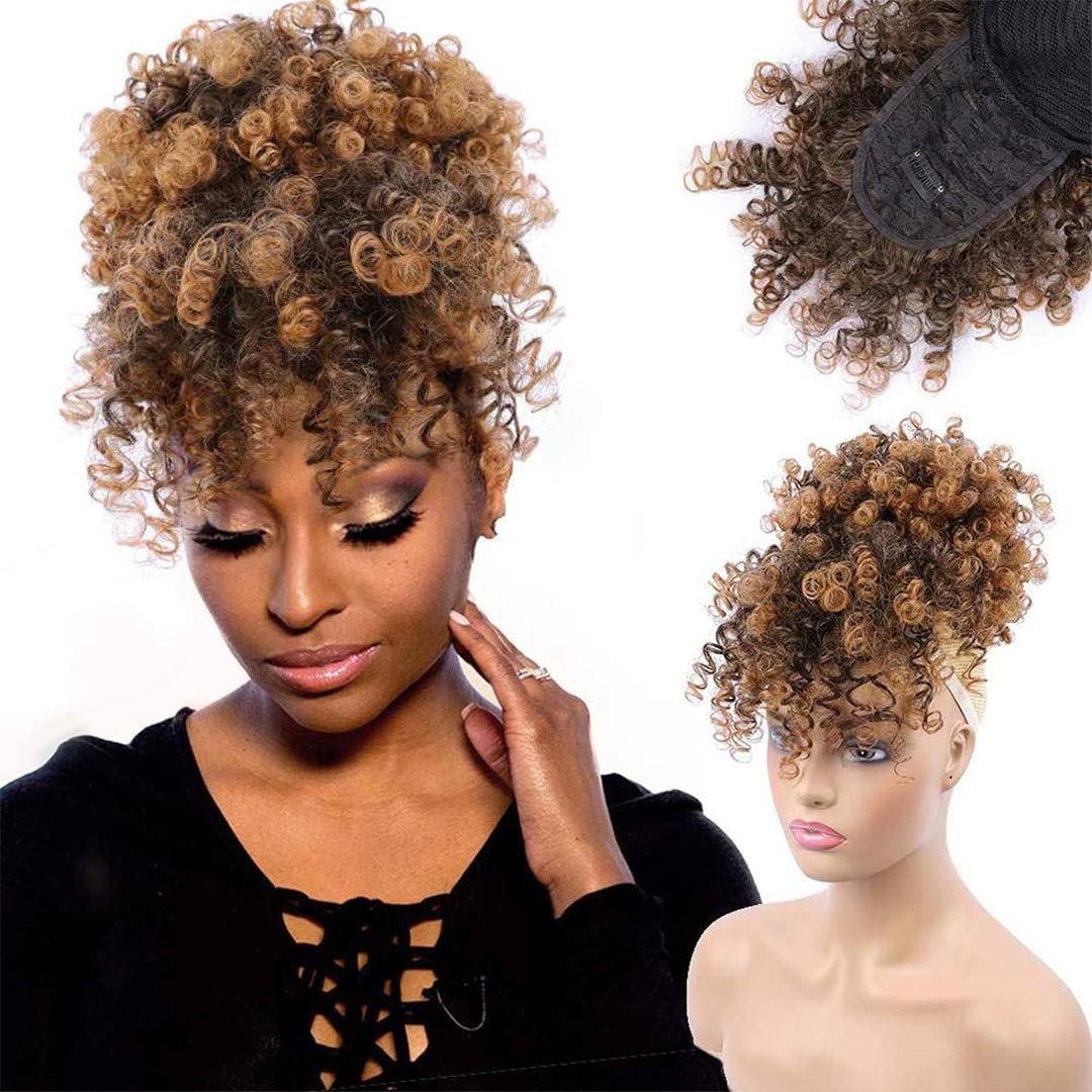 ENTRANCED STYLES Drawstring Ponytail with Bangs Afro Puff Ponytail Extensions for Women Short Curly Puff Ponytail with Bangs Clip in Wrap Updo Hairpiece for Women(#T30)