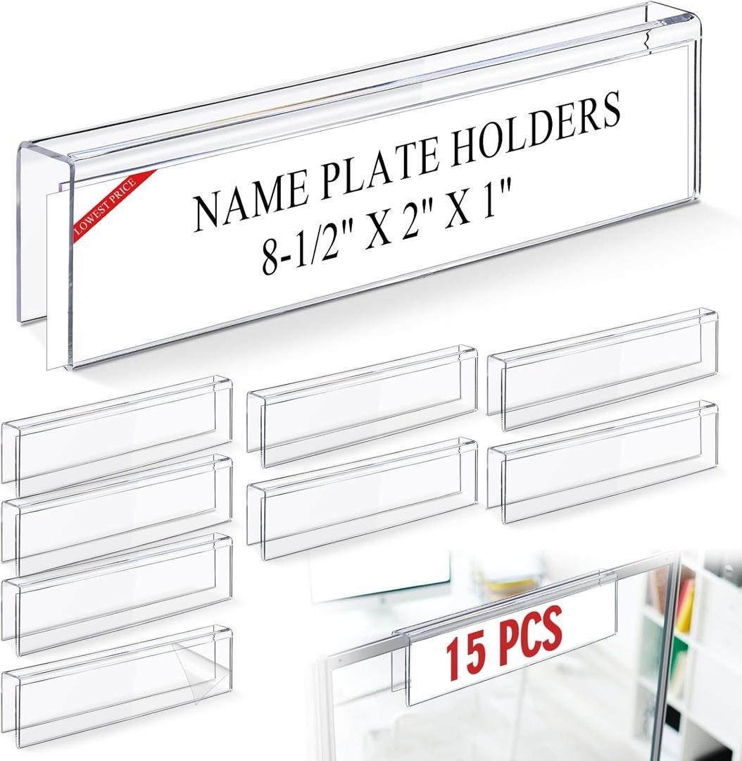 Kathfly 15 Pack Clear Acrylic Cubicle Name Plate Holders for Office, 8.5" Wide x 2" High x 1" Deep, Glass Wall Name Plate Holder Plastic Sign Tag Display Stand for Office Table Business Conference