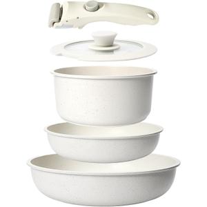 GiPP 5Pcs Pots and Pans Set Non Stick, Cookware Sets Nonstick Detachable Handle, Induction Kitchen Set Removable Handle, RV Cookware set, Oven Safe (White)