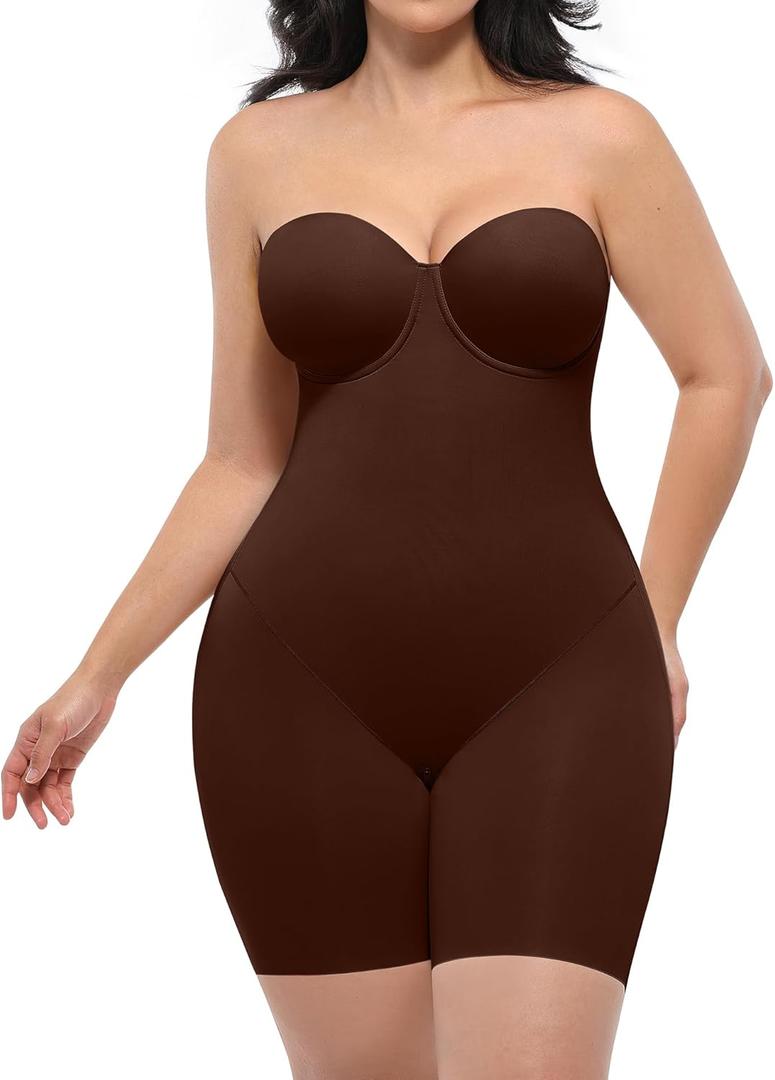 SHAPELLX Shapewear for Women Strapless Bodysuits Tummy Control Body Shaper Butt Lifting Shapewear with Removable Straps (Medium, Brown)