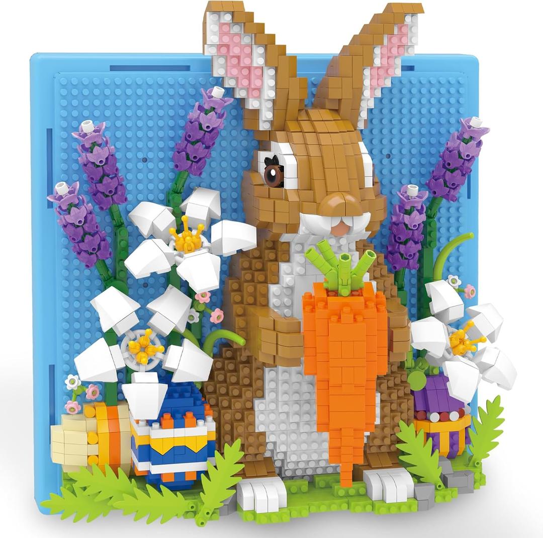 Easter Bunny 3D Wall Art Micro Mini Building Blocks Set, Cute Animal Rabbit Decor with Easter Eggs & Flowers, No Compatible with Lego, Gift Idea for Adults, STEM Toy for Boys Girls 14+ (1436 PCS)
