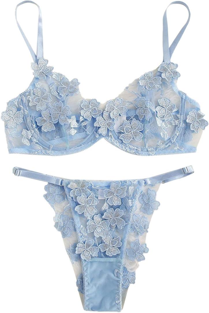 Floerns Women's Sexy Applique Lace Underwire Bra Top and Thong Lingerie Set (Blue, L)