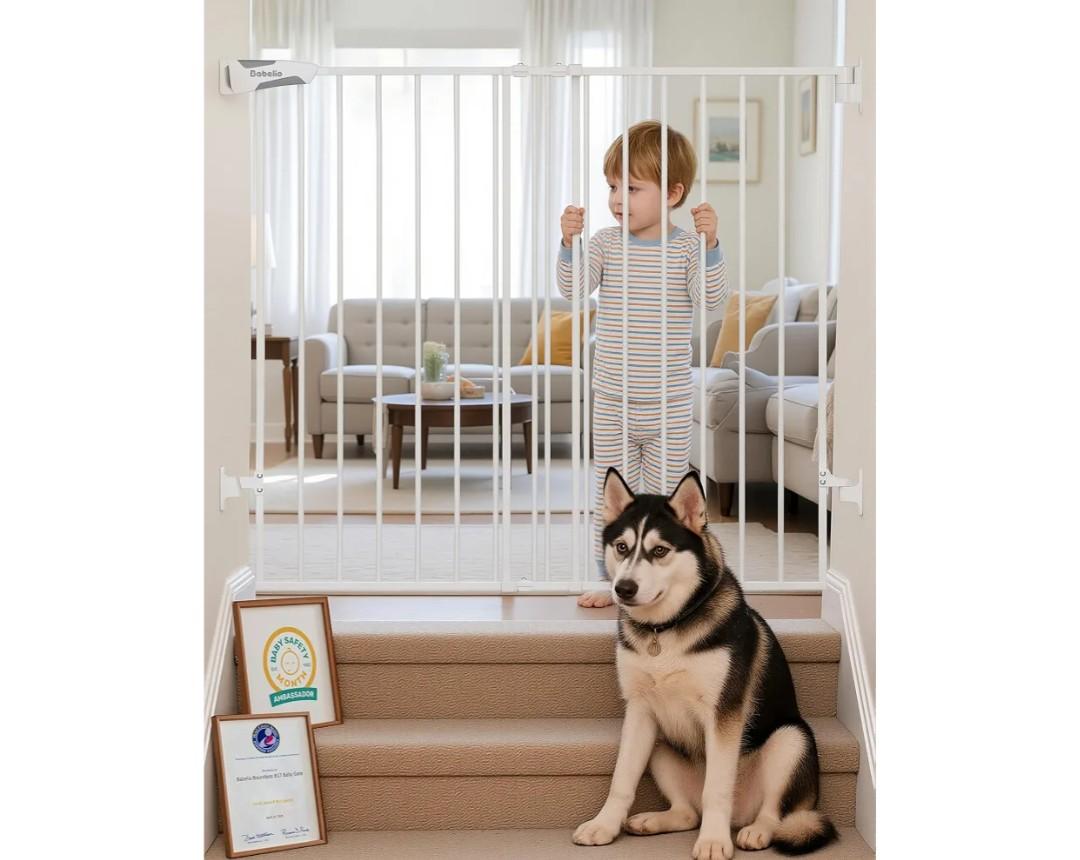 Babelio Baby Gate for Stairs & Doorways, 26-43" W 34" H Extra Tall| No Bottom Bar| Easy Installation| One-handed Operation| Auto-close| Hardware Mount (Drill Needed) Safety Dog/Pet Gate Indoor (White)