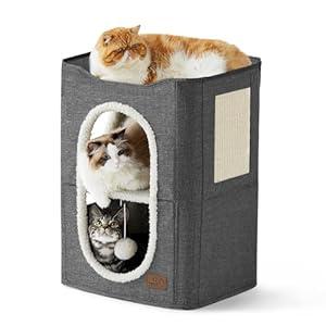 Bedsure 2 Story Cat House - Cat Condos for Indoor Cats with Scratch Pad and Fluffy Ball Hanging, Small Pet Cave Furniture Hideaway for Multi Pets, 18x14x23 inches, Dark Grey