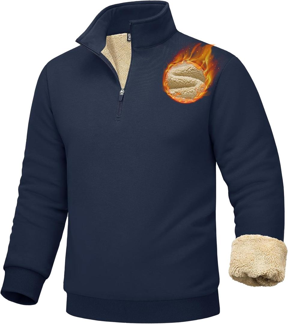 MAGCOMSEN Men's Sherpa Lined Quarter Zip Fleece Heavyweight Pullover Winter Warm Sweatshirts (Medium, Navy)