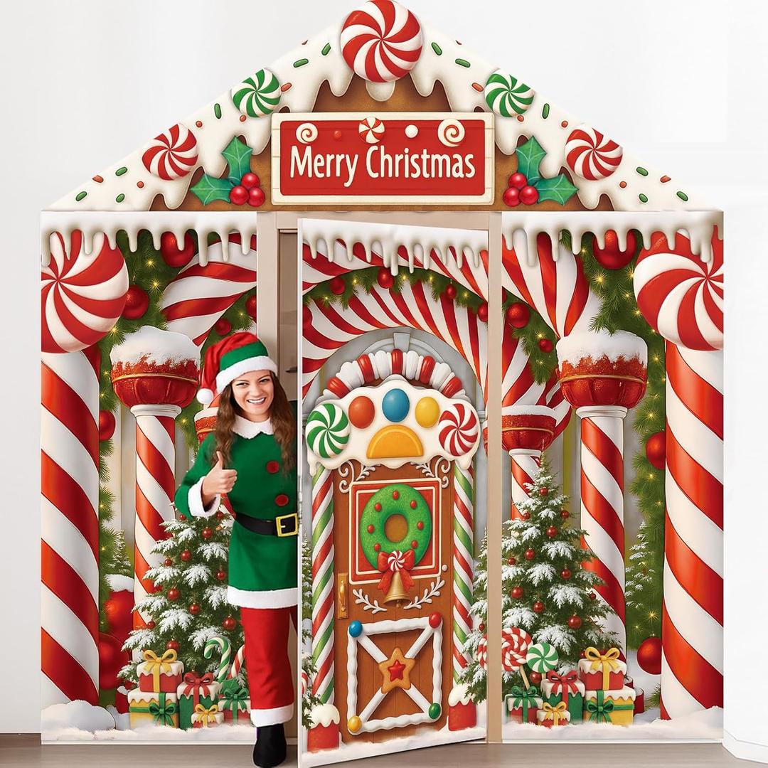 Peryiter 4 Pcs Christmas Candy House Door Cover Decoration Christmas Backdrops Door Decoration Xmas Candy Banner for Window Classroom Office Home Indoor Outdoor Party Supplies