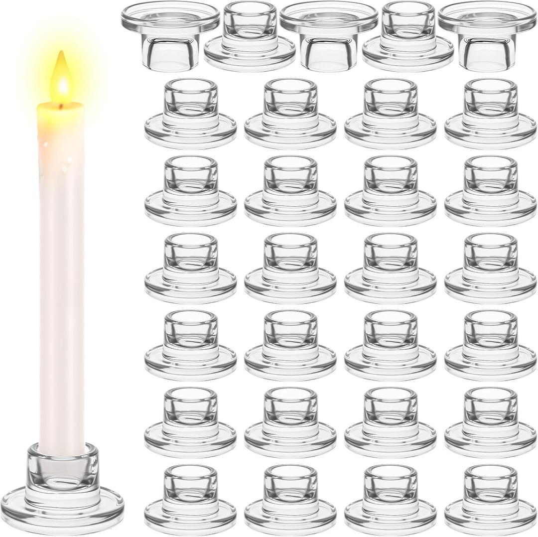 30 Pcs Glass Taper Candle Holders Candlestick Holders Clear Short Tapered Candle Holder Bulk, Elegant Glass Candle Sticks Set for Wedding Christmas Table Centerpiece Clear