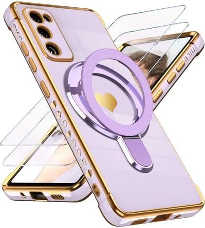 Liufcx for Samsung Galaxy S20 FE Love Heart Kickstand Case with 2X Screen Protector: Luxury Plated Gold Edge Slim Soft TPU Shockproof Protection Case Cover for Galaxy S20 FE (Purple)
