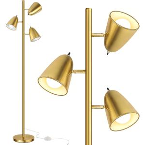 QiMH Tree Floor Lamp with 3 Light Bulbs, Standing Tall Pole Lamps for Living Room Bedroom Office, Reading Stand up Lamps with 3 Adjustable Arms, Brushed Gold