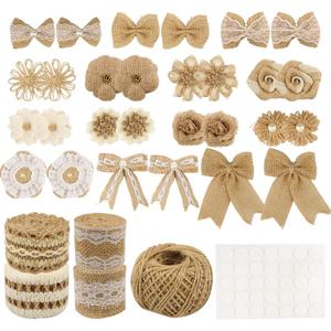 34 PCS Jute Burlap Flowers for Crafts, Natural Handmade Rustic Burlap Flower Bowknots Set, Burlap Ribbons with Lace, Jute Twine, Glue Point for DIY Craft Wreath Gift Wedding Party Christmas by Gbateri