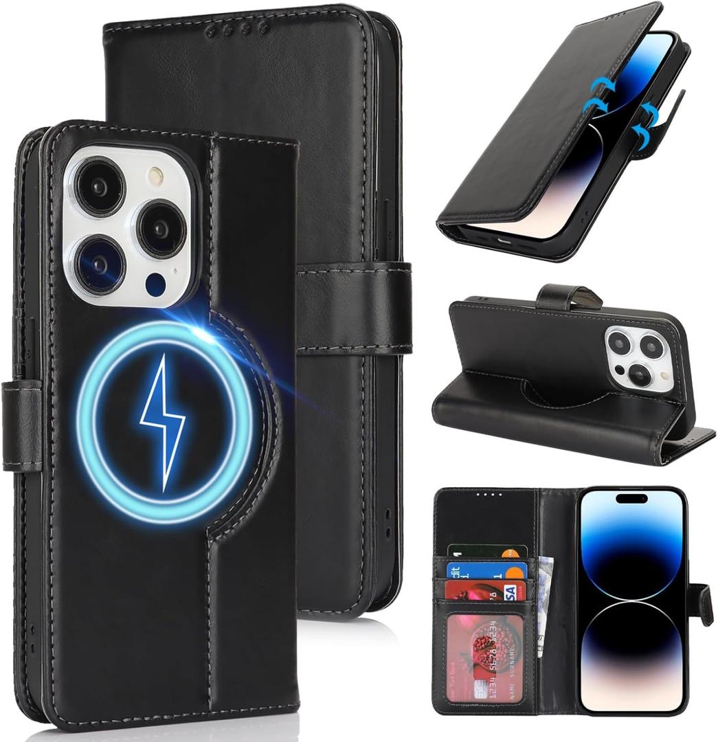 Zouzt for iPhone 14 Pro 6.1" Genuine Leather Wallet Case with Card Holder, for MagSafe Magnetic Wireless Charging, Flip Folio Book Kickstand Shockproof Cover Women Men for iPhone 14 Pro - Black