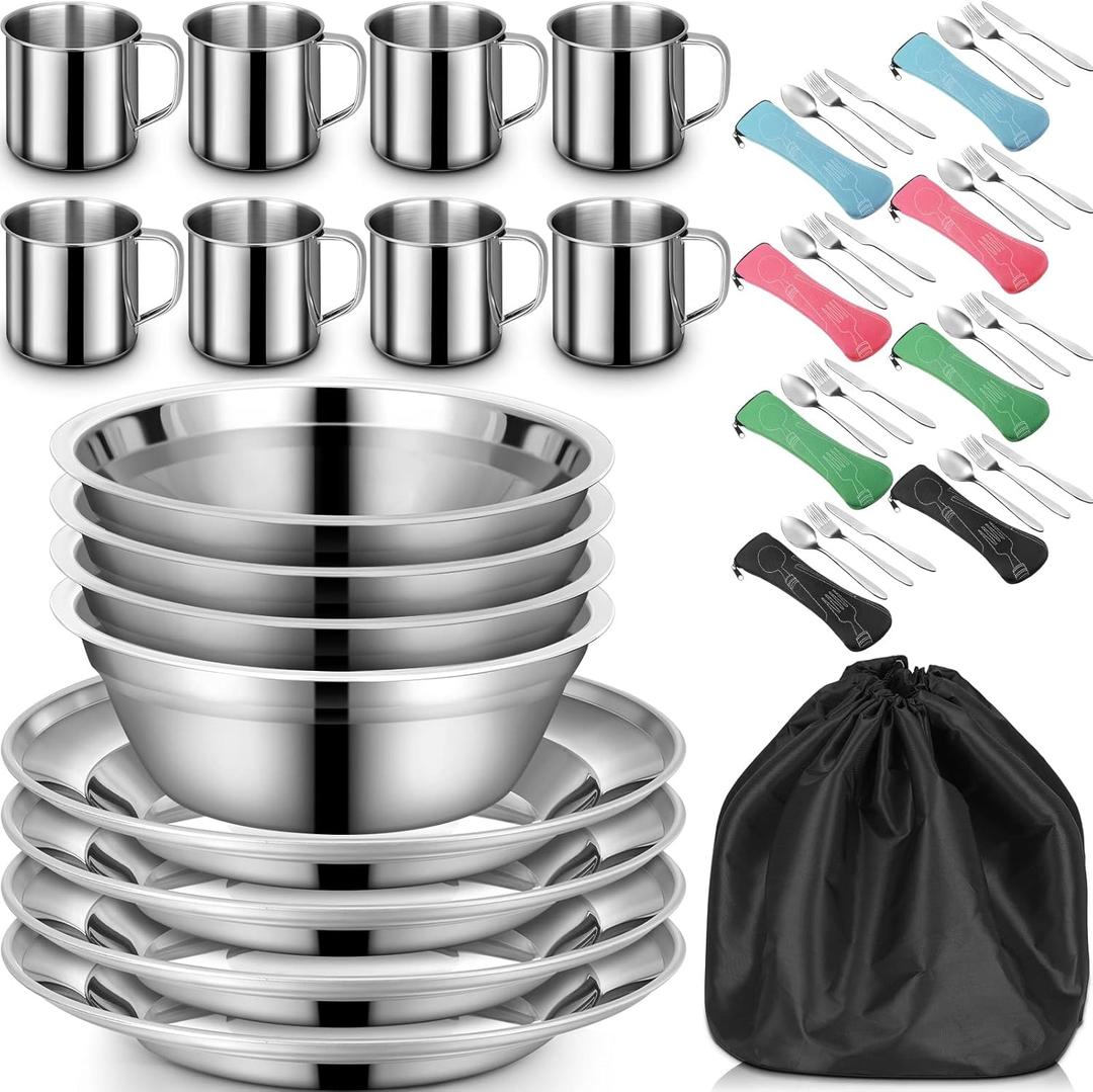 58 Pcs Camping Plates Cups and Bowls Set, Stainless Steel Dishes Mess Kit Utensils Tableware with Spoons Forks Knives Storage Bags for 8 Person Outdoor Camping Backpacking Hiking Travel Picnic