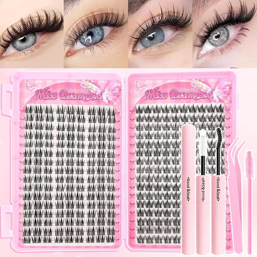 3 x Lash Clusters Kit 304pcs, Natural Wispy DIY Eyelash Lashes Clusters Manga Extensions Kit, Spiky Lash Clusters D Curl with Lash Glue Brush Tweezer