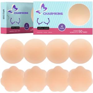 CHARMKING Pasties Nipple Covers 4 Pairs for Women, Reusable Adhesive Silicone Nipple Covers No Show (Beige)