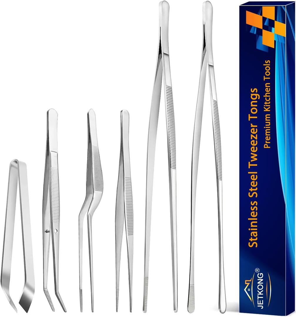 JETKONG 6 Pcs Cooking Tweezer Tongs, 12'' and 6.3" Stainless Steel Kitchen Tweezer Set, Professional Chef Tweezers for Cooking, Repairing, Sea Food, BBQ, Multi-use (12-Inch and 6.3-Inch, Silver)