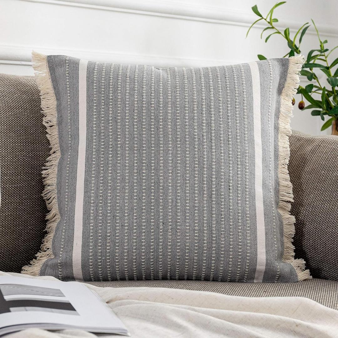OJIA Modern Throw Pillow Cover with Tassels, Decorative Liana Fringe Accent Cushion Case, Farmhouse Woven Pillowcase for Sofa Chair Couch Bed Decor (Lumbar 18 x 18 Inches, Grey) OJIA Modern Throw Pillow Cover with Tassels, Decorative Liana Fringe Accent Cushion Case, Farmhouse Woven Pillowcase for Sofa Chair Couch Bed Decor (Lumbar 18 x 18 Inches, Grey)