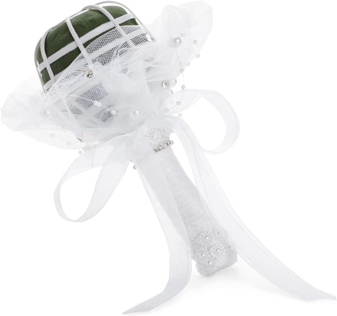Foam Wedding Bouquet Holder for Fresh and Artificial Flower Arrangements with Lace and Rhinestones (3 x 7 in)