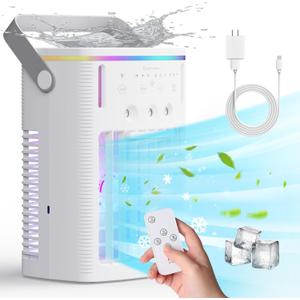 Portable Air Conditioners,3-Speed Small AC Fan, Portable Air Cooler with Remote,Timer function,7-Color Night light,3-Level Mist modes,Personal Air Conditioner for Bedroom,Office,Room,Camping.