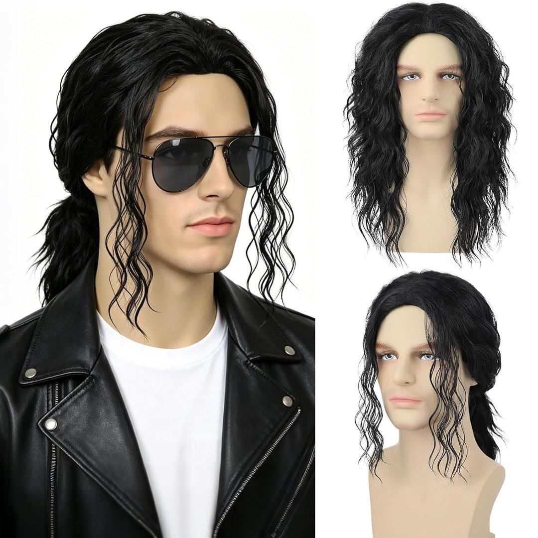 Mens Black Curly Wig for Costume 70s 80s Mullet Rocker Synthetic Long Wavy Wigs for Retro Halloween Cosplay Party Use