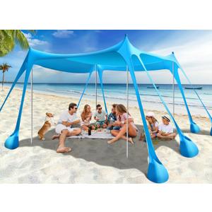 Rhino Valley Beach Tent, 10 x 10 FT Beach Shade UPF50+ Protection, Beach Canopy with 8 Sandbags 4 Stability Poles, Outdoor Beach Tent Sun Shelter Umbrella for Sand,Camping,Fishing Essentials, Sky Blue