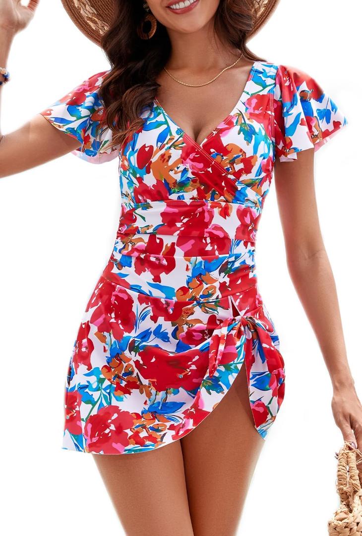 Women's One Piece Swimdress Swimsuits for Women Tummy Control Swim Dresses (Large, Hot Pink, Blue Floral Print)