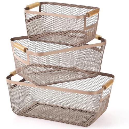 Mumufy 3 Pcs Metal Wire Basket with Wooden Handles Mesh Steel Organizer Bins for Pantry Closet Kitchen Cabinet Home Fridge Fruit Makeup Snacks Organization (Warm Tapue,3 Sizes)