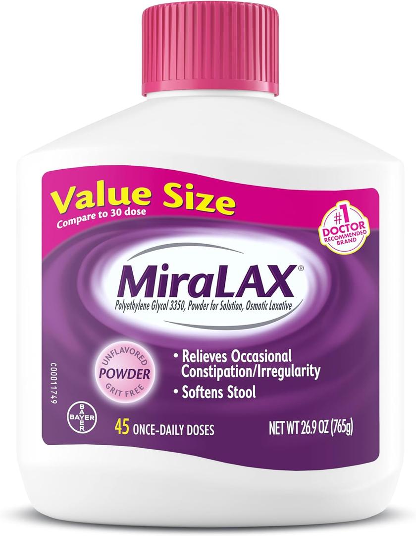 MiraLAX Gentle Constipation Relief Laxative Powder, Stool Softener with PEG 3350, Works Naturally with Water in Your Body, No Harsh Side Effects, Osmotic Laxative, 45 Dose (26.9 Ounce (Pack of 1))