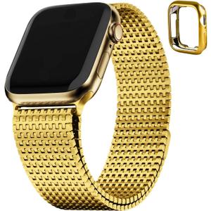 Fullmosa Compatible Apple Watch Bands 45mm 44mm 42mm for Men Women, Stainless Steel Mesh Loop Magnetic Clasp iWatch Band with TPU Case for Apple Watch Series 9 8 7 6 5 4 3 2 1 SE SE2, Golden