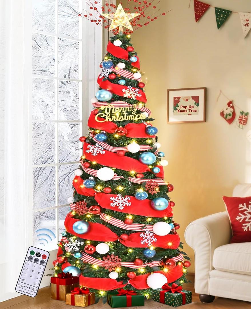 Dolicer 6FT Pop Up Artificial Christmas Tree with Lights & Remote, Collapsible Easy Christmas Tree with 200 Warm White & Colorful LED Lights, Foldable Xmas Tree for Small Space