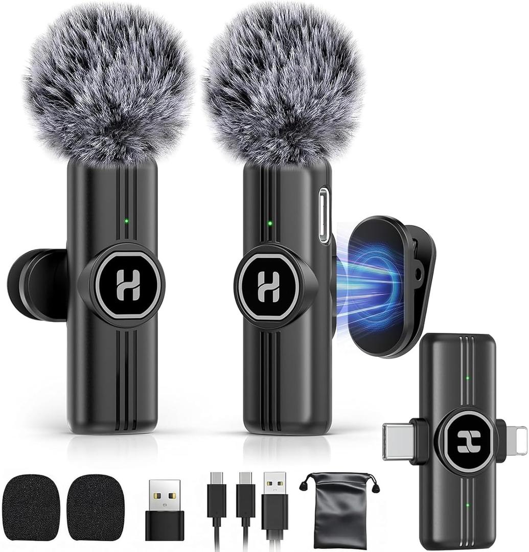 Wireless Lavalier Microphone for iPhone, Android & iPad, Mini Clip on Mic with AI Noise Cancellation, Plug & Play USB C & Lightning Lapel Microphones for Video Recording, TikTok, YouTube, Vlog