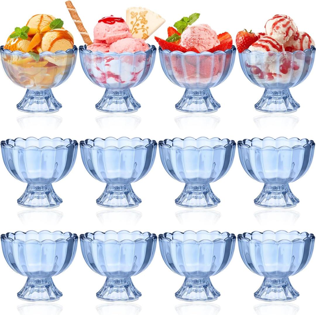 Potchen 12 Pieces Small Blue Ice Cream Bowls Glass 5 oz Sundae Glasses Dessert Cups Clear Blue Tulip Ice Cream Glasses for Trifle Salad Sundae Cake Pudding Dinner Wedding Holiday Party