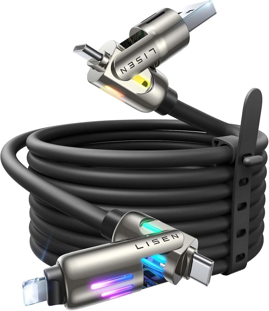 LISEN USB C to Lightning Cable, 240W 4 in 1 Charging Cable 10FT, Chubby USB A/C to C/Lightning with Light for iPhone 16e 16 15 14 Pro/MacBook/iPad/Samsung S25/Switch, Multi Chargers for All Devices, Black