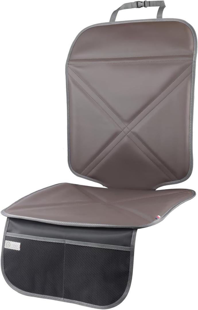 Car Seat Protector Leather Waterproof Child Safety Seat Protector Cover with Thick Pad and 2 Large Pockets Durable Kick Mat for All Auto Seat (Brown)